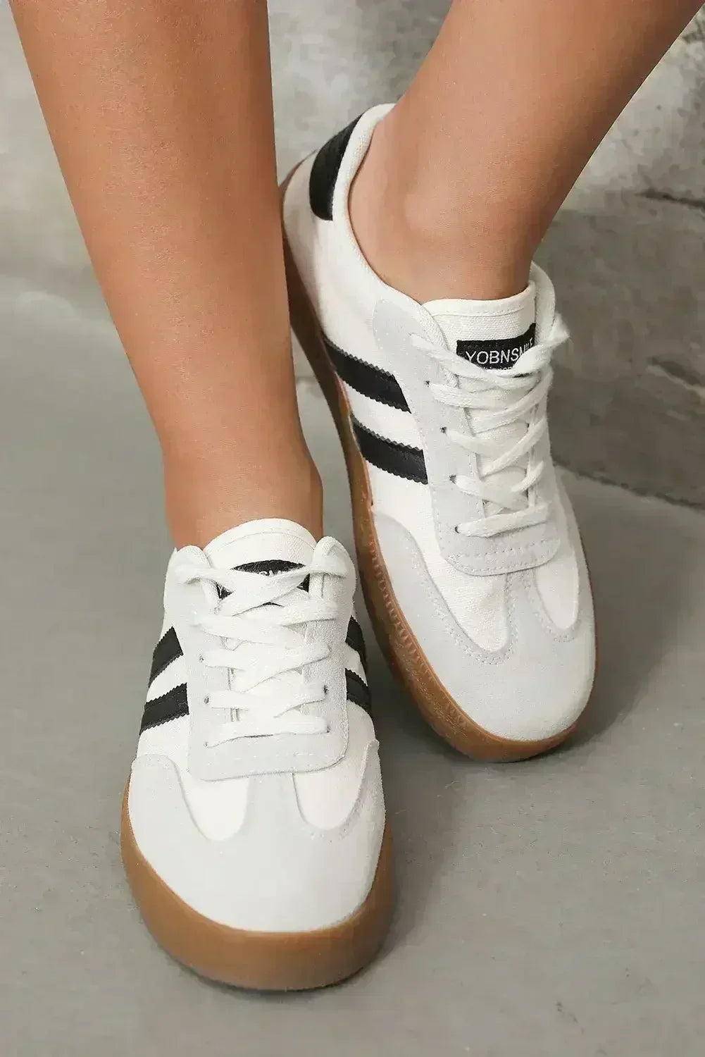 White Striped Lace Up Flat Sneakers - Femstylo