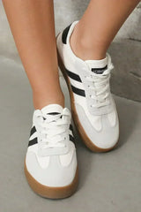 White Striped Lace Up Flat Sneakers - Femstylo