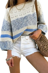 Light Blue Striped Hollow Out Puff Sleeve Sweater - Femstylo