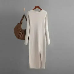 Autumn And Winter Long Sleeve Knitted Backless Round Neck Dress - Femstylo