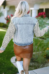 Sky Blue Leopard Patchwork Washed Distressed Denim Jacket - Femstylo
