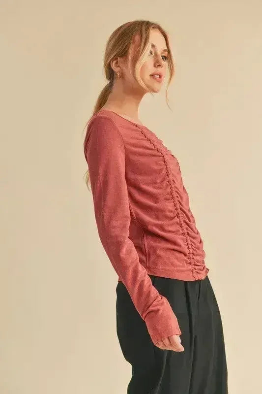 Ruched Front Long Sleeve T-Shirt - Slimming Top | Femstylo - Femstylo