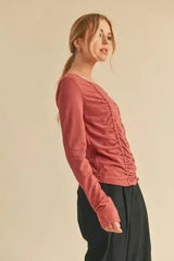 Ruched Front Long Sleeve T-Shirt - Slimming Top | Femstylo - Femstylo