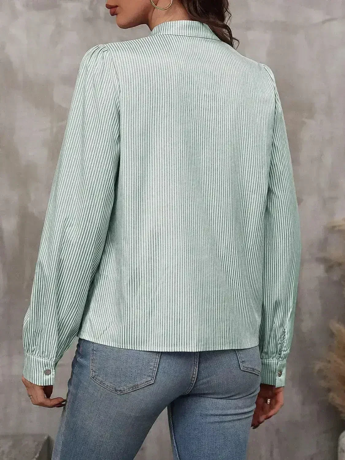 Striped Tie Neck Long Sleeve Blouse – Femstylo - Femstylo