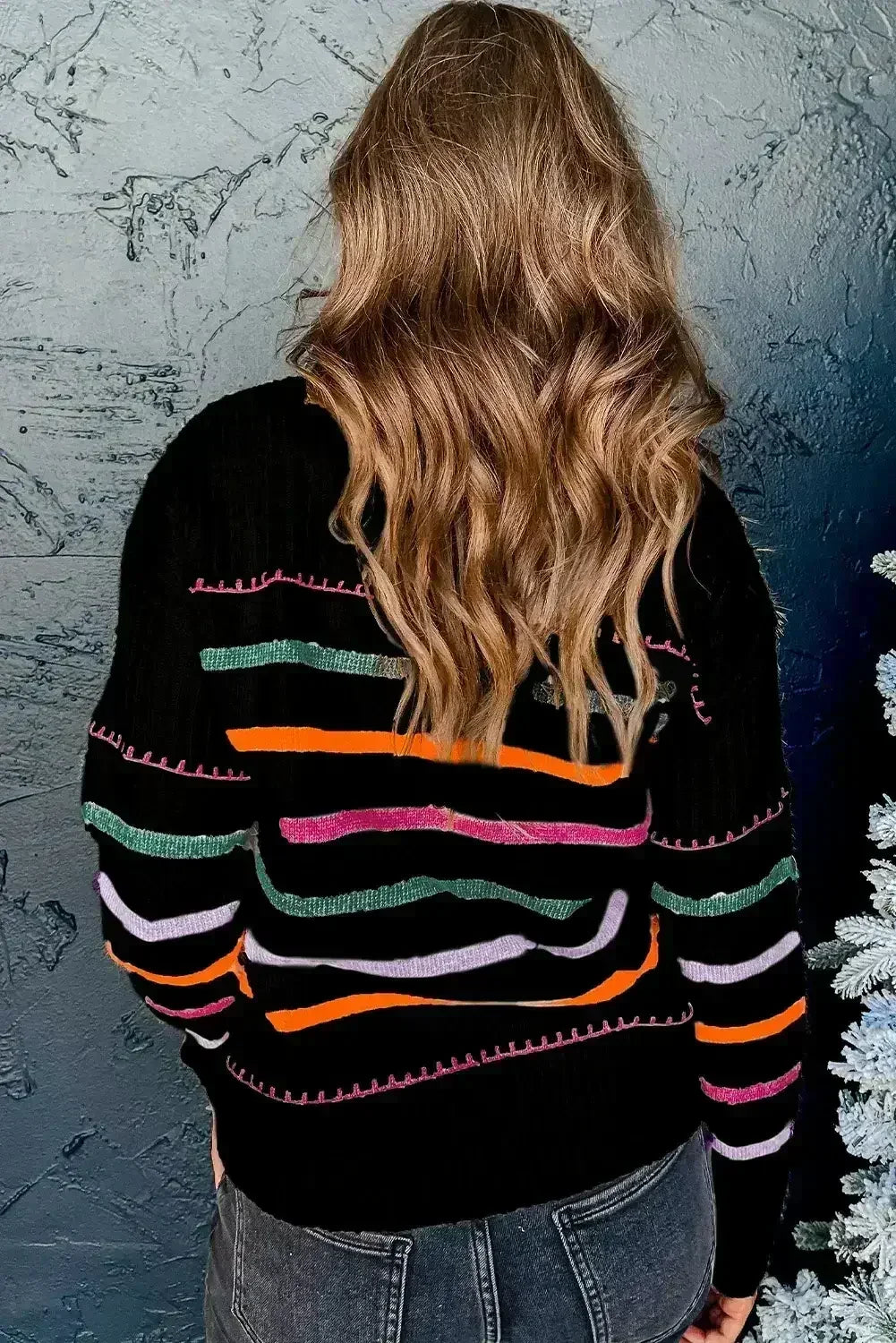 Black Colorful Striped Ribbed Trim Round Neck Sweater - Femstylo