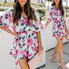 Printed Flared Short-Sleeved Lace-Up Jumpsuit Skirt - Femstylo