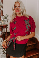 Fiery Red Plaid Lace-up Detail Christmas Holiday Puff Short Sleeve Sweater