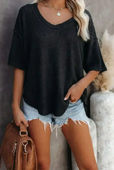 Blue Exposed Seam Drop Sleeve V Neck Waffle Textured Top - Femstylo