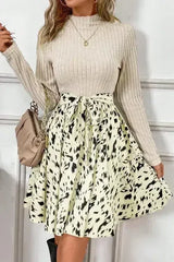 Beige Ribbed Knit Belted A-line Dress with Patchwork Print - Femstylo