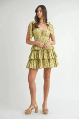 MABLE Floral Mini Dress – Adjustable Shoulder Tie Layered Design - Femstylo