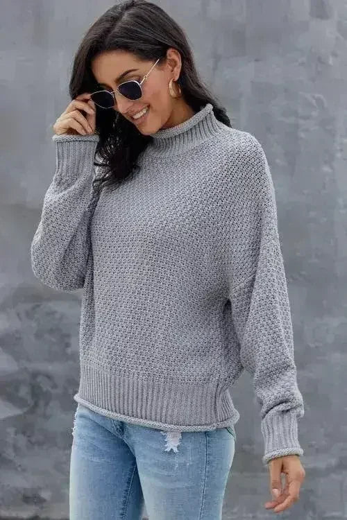 New Gray Chunky Batwing Long Sleeve Turtleneck Sweater - Femstylo