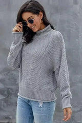 New Gray Chunky Batwing Long Sleeve Turtleneck Sweater - Femstylo