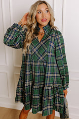 Green Plaid Print Frill Neck Long Sleeve Mini Dress