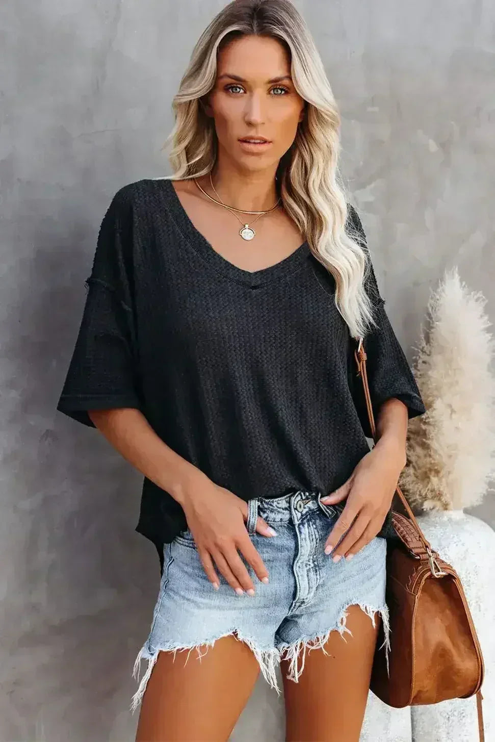 Blue Exposed Seam Drop Sleeve V Neck Waffle Textured Top - Femstylo