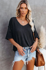 Blue Exposed Seam Drop Sleeve V Neck Waffle Textured Top