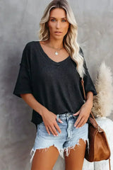 Blue Exposed Seam Drop Sleeve V Neck Waffle Textured Top - Femstylo