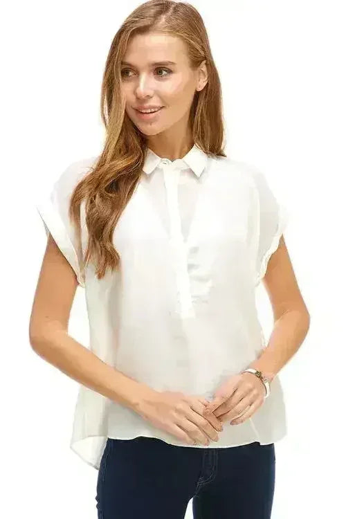 Rolled Sleeve Button-Up Satin Blouse - Femstylo