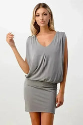 Sleeveless Draped Mini Dress with V-Neckline - Femstylo