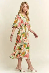 ADORA Floral V-Neck Puff Sleeve Midi Dress - Femstylo