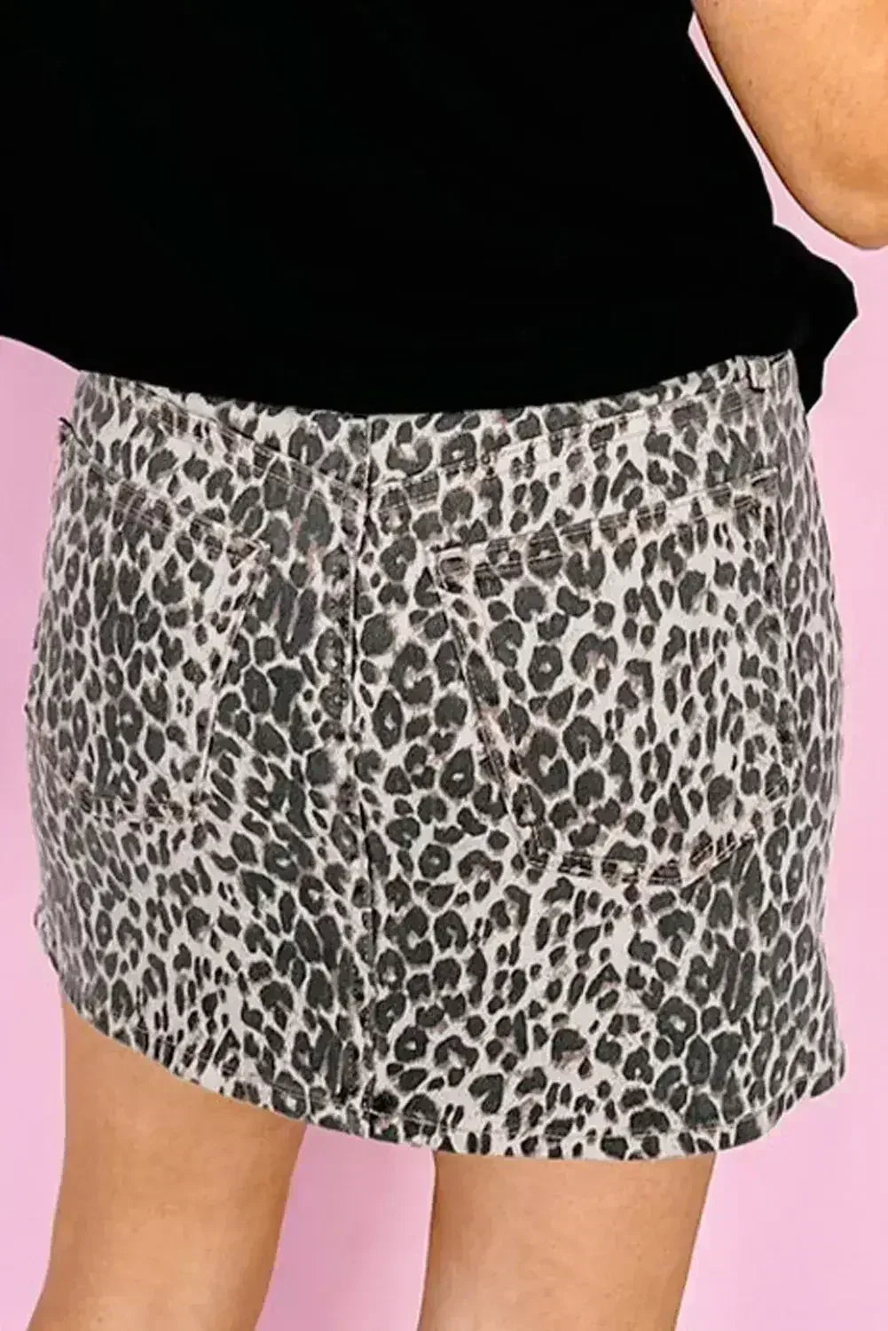 Khaki Allover Leopard Print Denim Mini Skirt - Femstylo