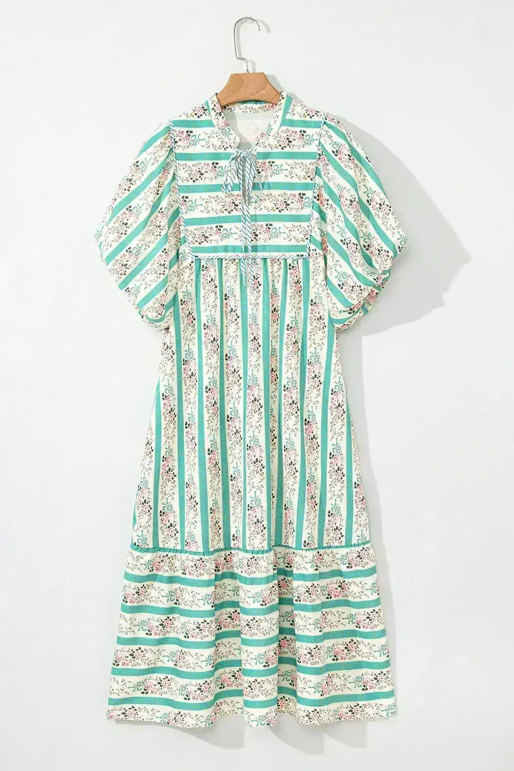 Multicolor Boho Floral Striped Tie V Neck Long Dress - Femstylo