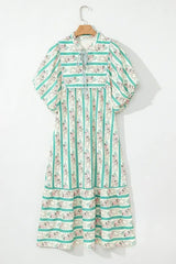 Multicolor Boho Floral Striped Tie V Neck Long Dress - Femstylo