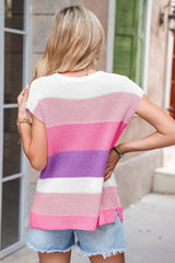 Multicolour Colorblock Notch V Neck Knit T Shirt