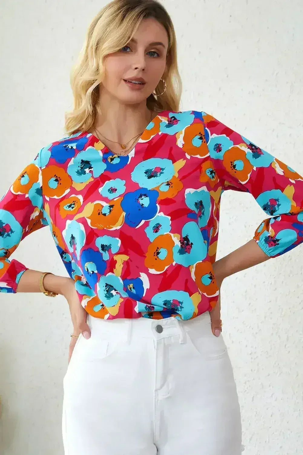 Floral Print V Neck Blouse - 3/4 Sleeve & Non-Stretch | Femstylo - Femstylo