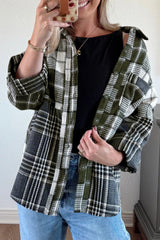 Black Plaid Print Textured Knit Buttoned Shacket
