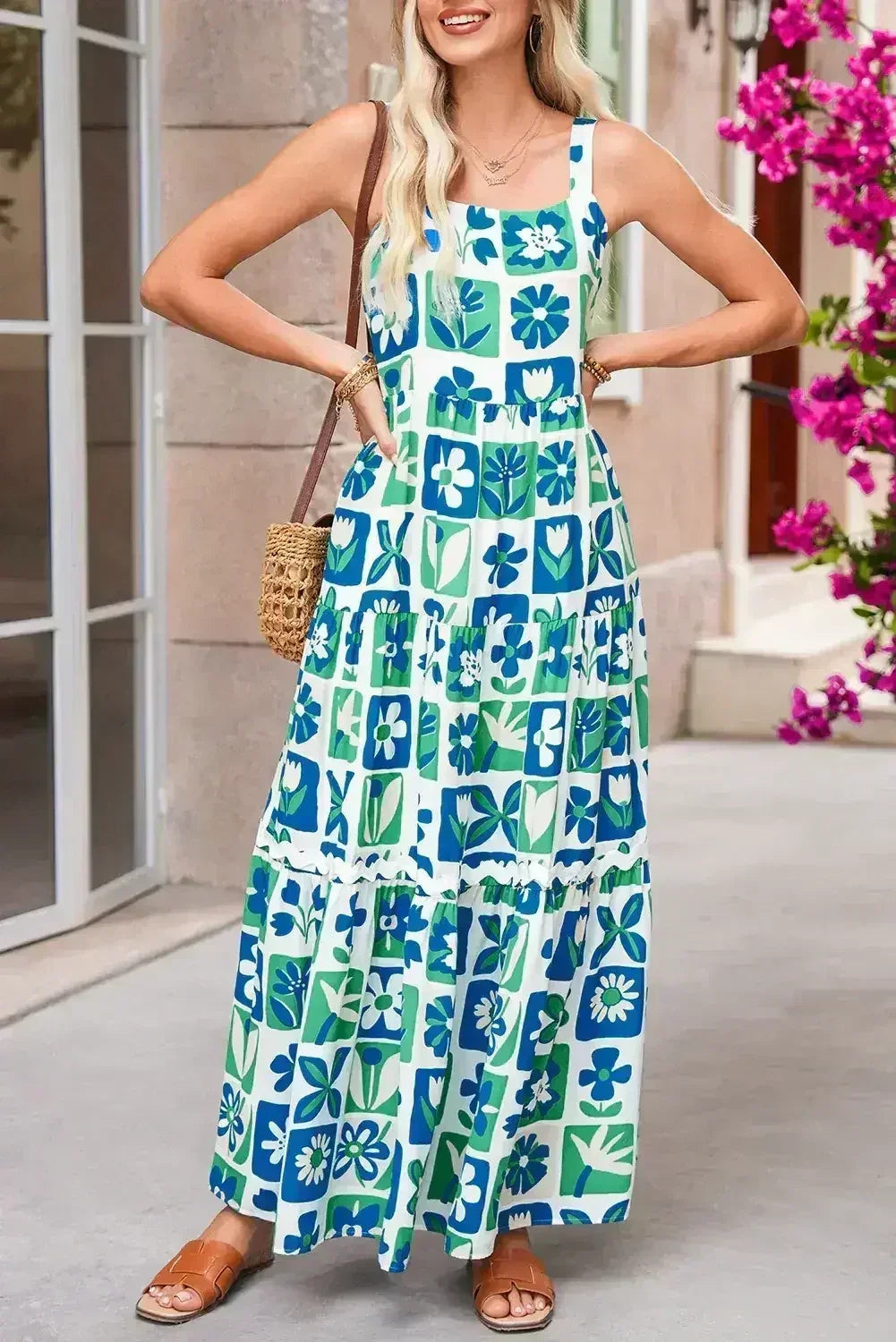 Multicolour Boho Floral Checkered Maxi Dress - Femstylo