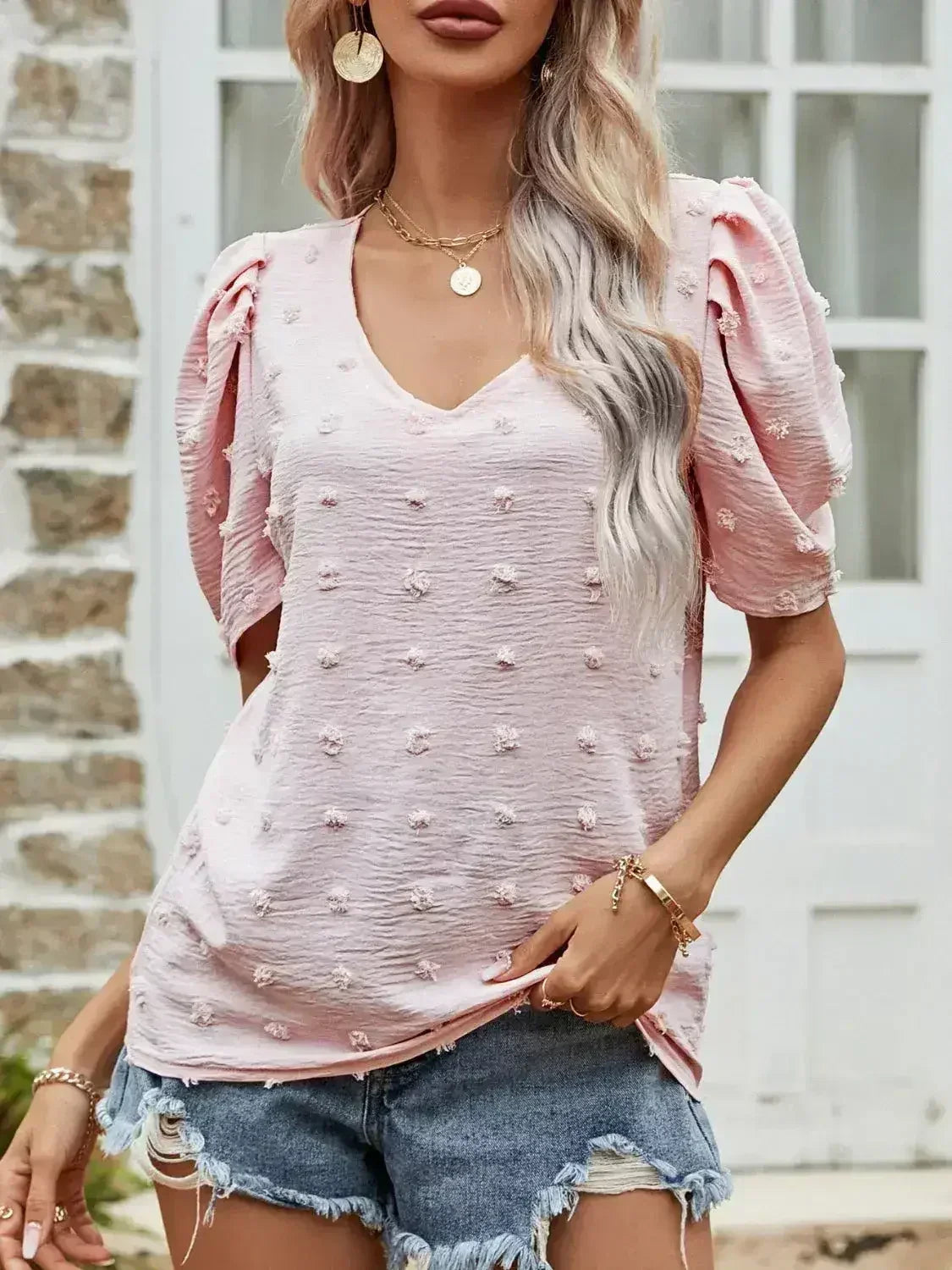 Blush Pink Swiss Dot Short Puff Sleeve Top | Femstylo - Femstylo