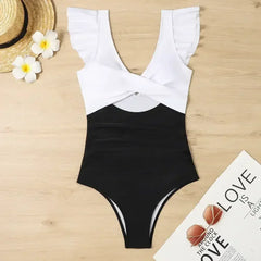 Black Color Block Cut Out Criss Cross One Piece Swimsuit - Femstylo