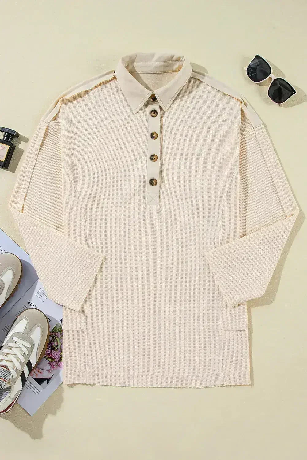 Pink Waffle Long Sleeve Collared Half Button Relaxed Fit Top - Femstylo