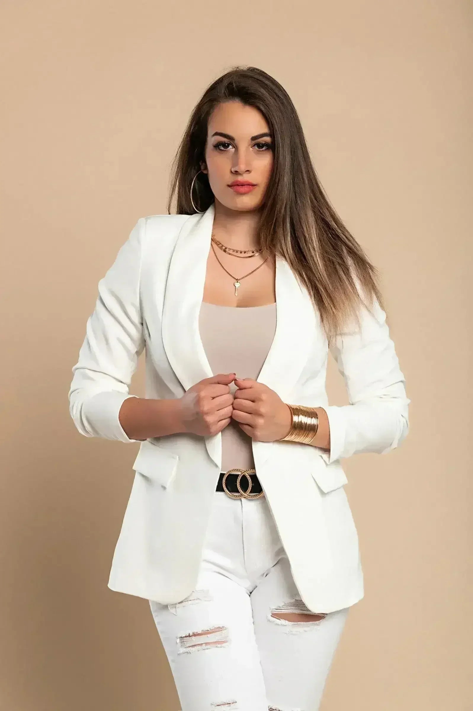 White Long Blazer with 3/4 Sleeves - Italian Made | Femstylo - Femstylo