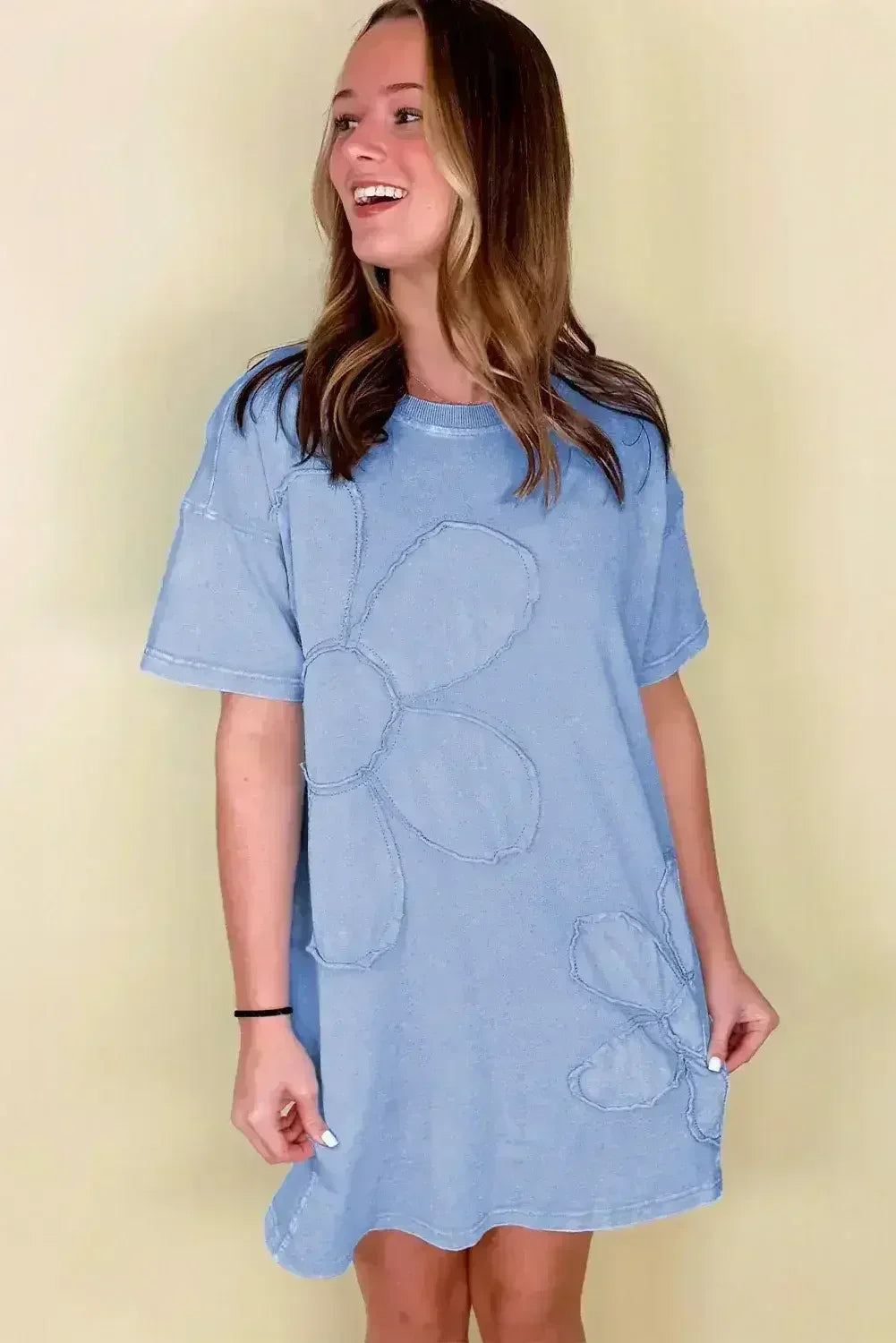 Sky Blue Mineral Wash Flower Patchwork Mini T Shirt Dress - Femstylo