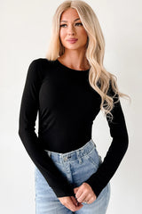 Black Ribbed Long Sleeve Crew Neck Solid Color Bodysuit