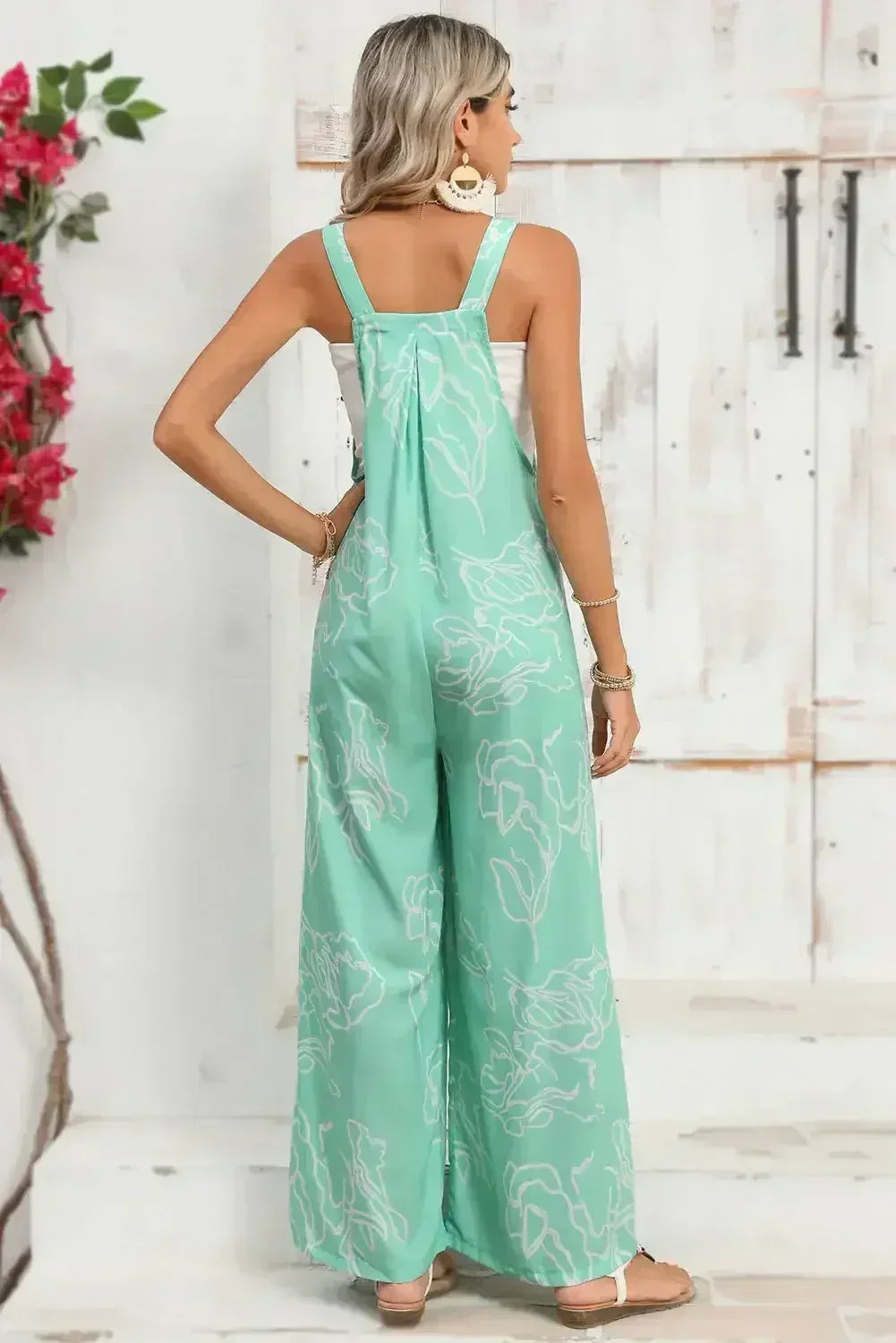 Moonlight Jade Abstract Print Wide Leg Bib Overall - Femstylo