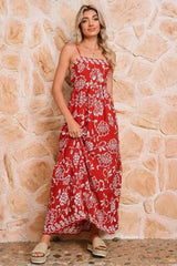 Red Floral Print Spaghetti Strap Empire Waist Maxi Dress - Femstylo