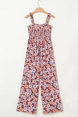 Purple Floral Square Neckline Stretch High Waist Jumpsuit - Femstylo