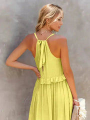 Ruffled Sleeveless Tiered Maxi Dress with Pockets - Femstylo