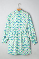 Green Floral Print Scallop Trim Pocket Mini Dress