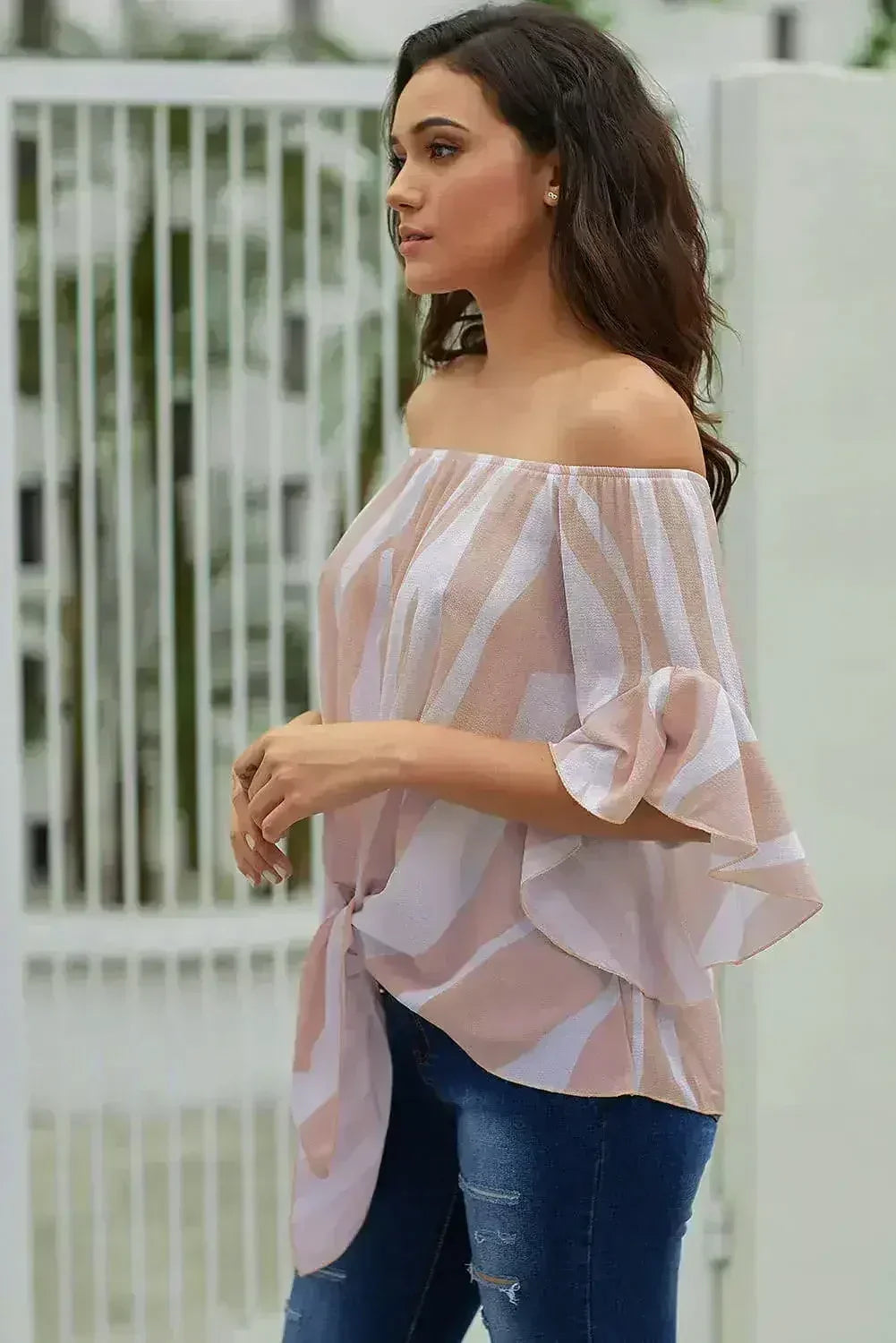 Off The Shoulder Pink White Vertical Stripes Blouse - Femstylo