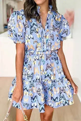 Purple Butterfly Print Short Puff Sleeve Pleated Ruffle Dress - Femstylo