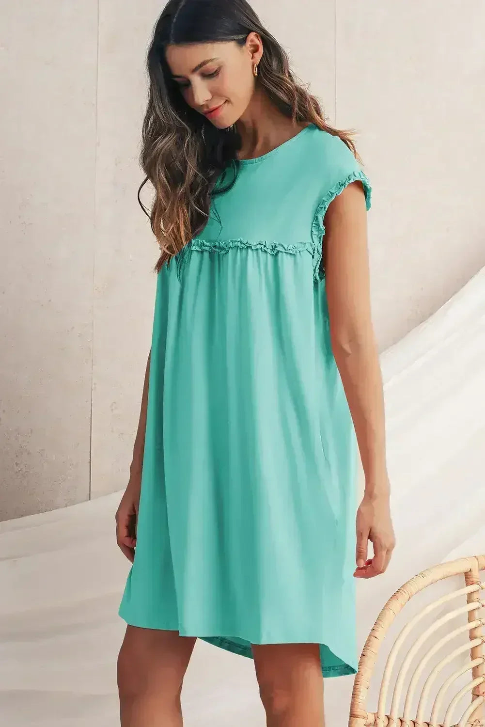 Oatmeal Frilled Trim Crewneck Loose Fit Mini Dress - Femstylo