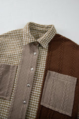 Khaki Houndstooth Patchwork Shacket | Fit Textured Jacket - Femstylo