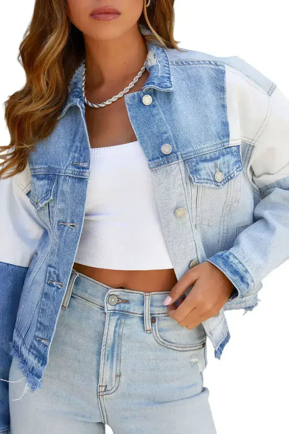 Sky Blue Denim Hem Jacket - Femstylo