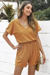 Casual Brown Short Sleeve Pocketed Knit Romper - Femstylo