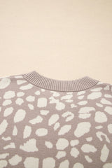 Gray Leopard Spots Pattern Ribbed Trim Drop Shoulder Sweater