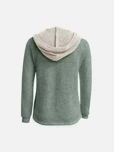 Full Size Waffle-Knit Contrast Long Sleeve Hoodie - Femstylo