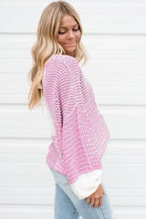 Pink Colorblock Tie Back Drop Shoulder Knit Sweater - Femstylo